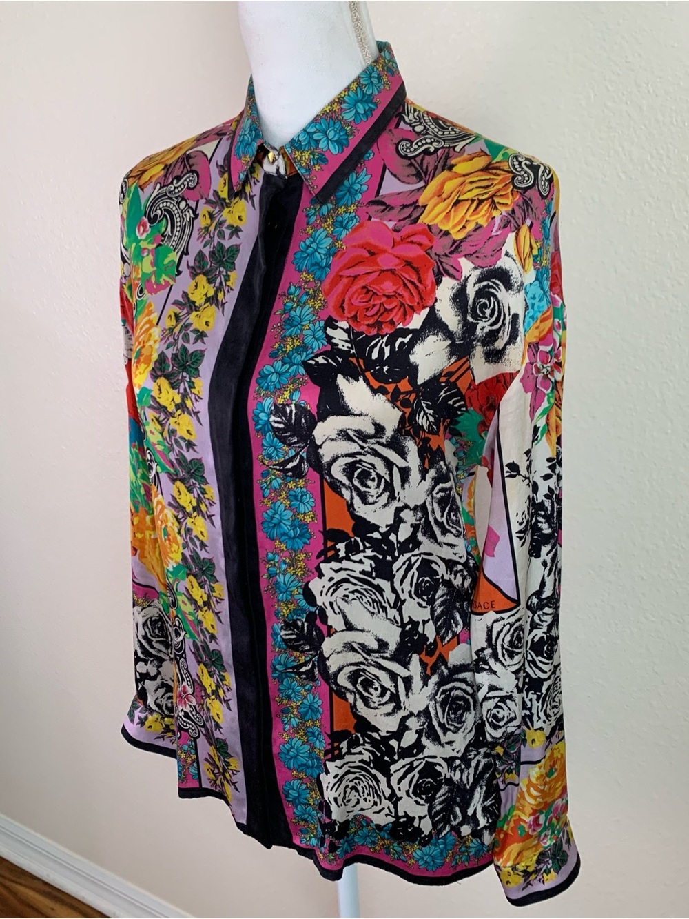 Versace 100% Silk Blouse Shirt Floral Vintage 1990s Baroque Patchwork Button Up - Picture 3 of 12